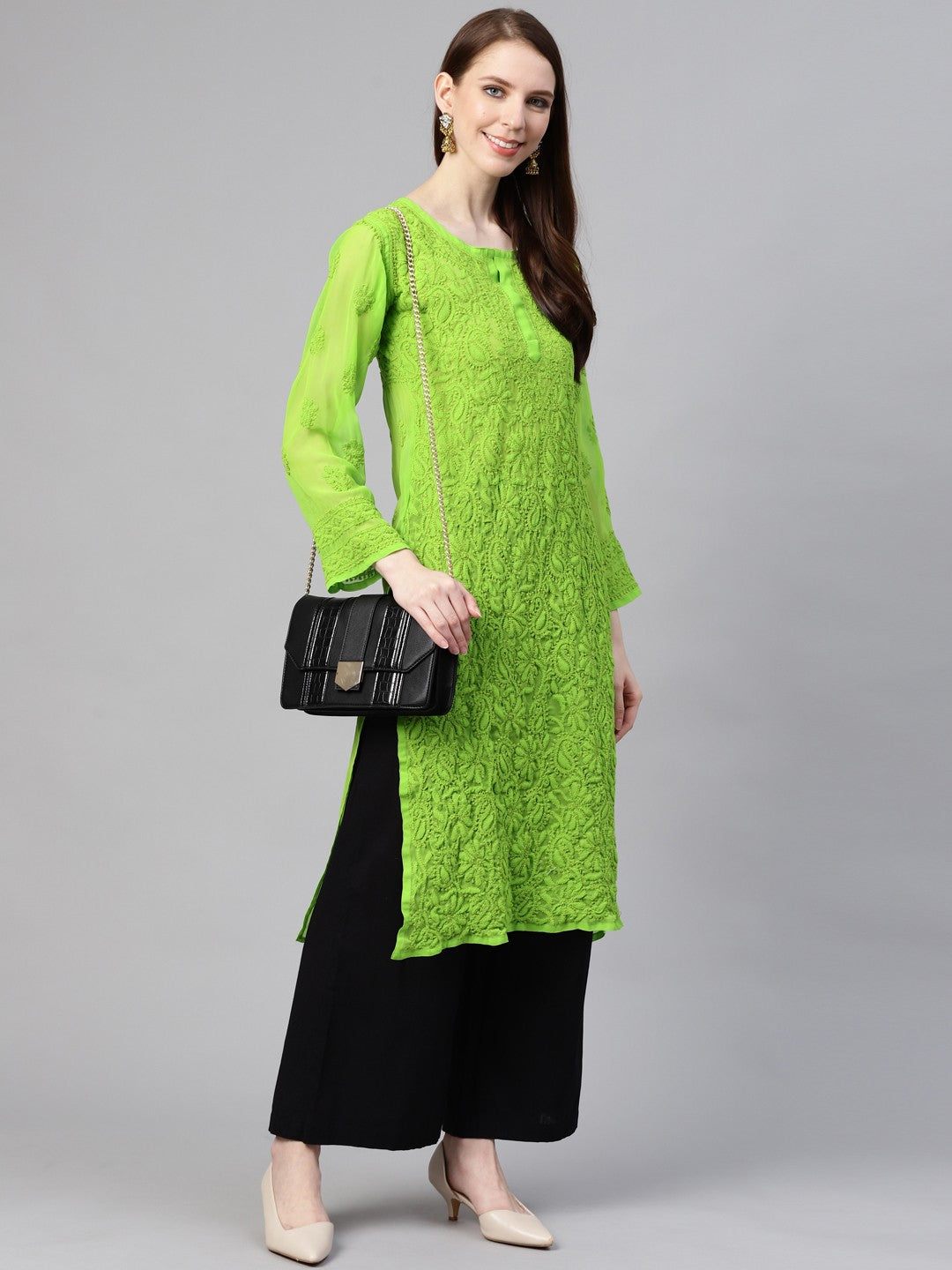 Ada Hand Embroidered Green Georgette Lucknow Chikankari Straight Kurta A100587