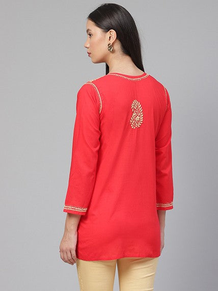 Ada Hand Embroidered Carrot Pink Cotton Lucknowi Chikankari Straight Kurti A250586