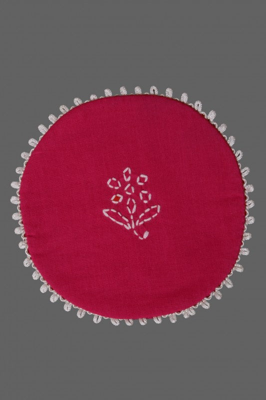 Ada Hand Embroidered Magenta Cotton Lucknowi Chikankari Table Coaster-A615049