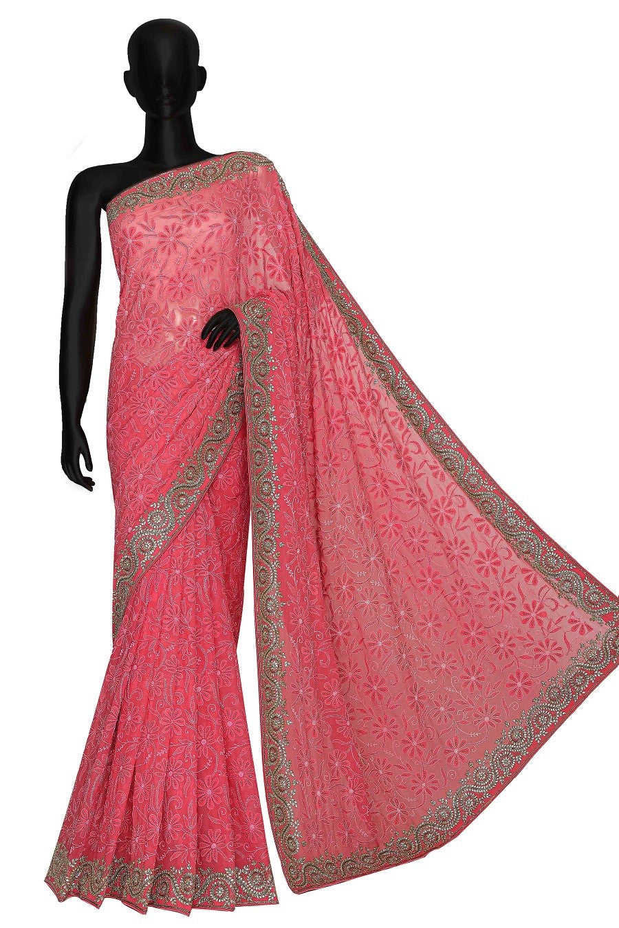 Ada Hand Embroidered Tulip Pink Pure Georgette Lucknowi Chikankari Saree With Blouse- A47845