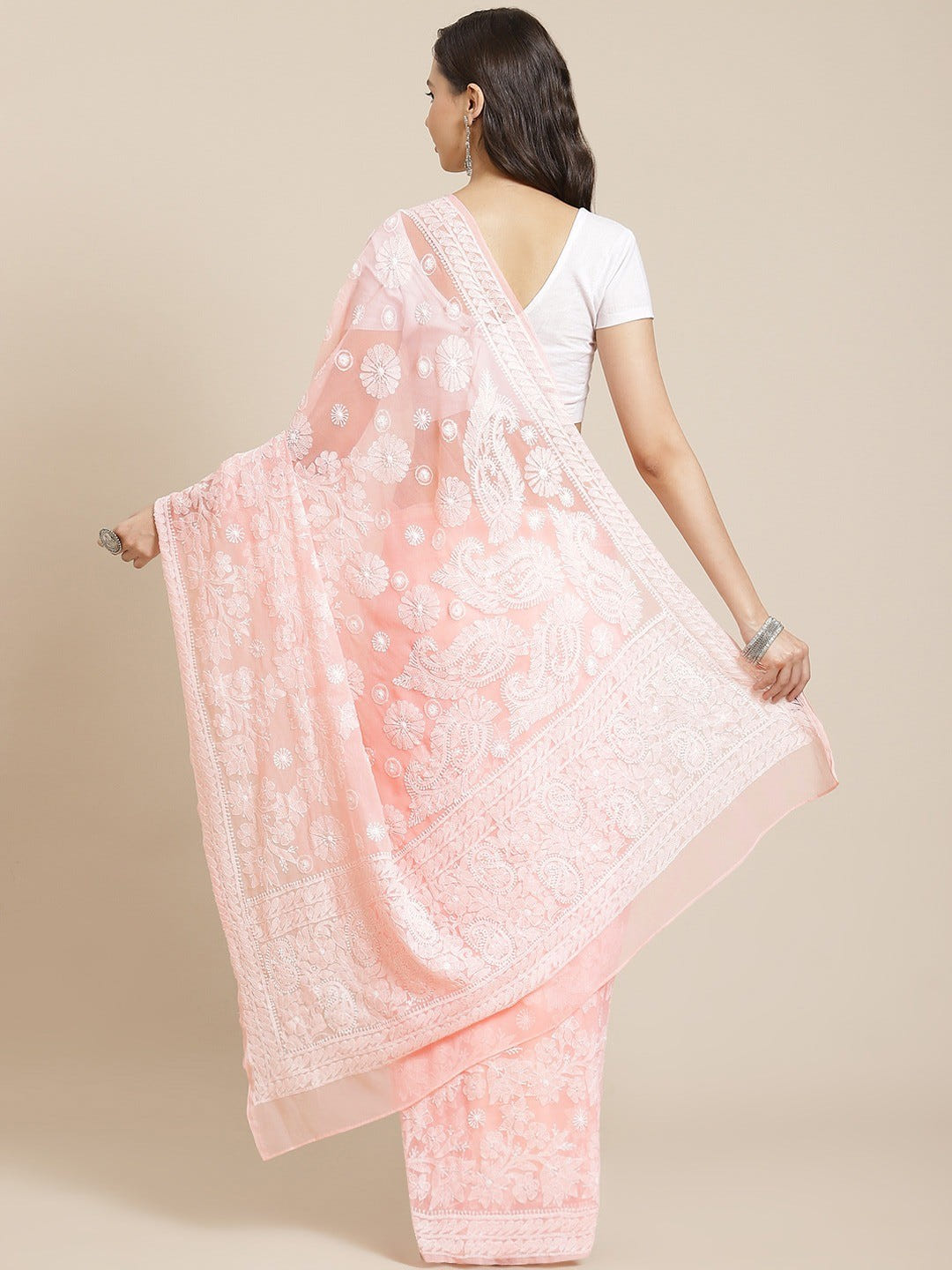 Ada Hand Embroidered Peach Georgette Lucknowi Chikankari Saree With Blouse-A311330