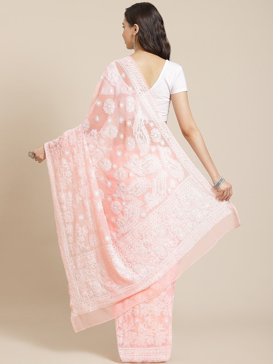 Ada Hand Embroidered Peach Georgette Lucknowi Chikankari Saree With Blouse-A311330