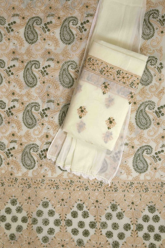 Ada Hand Embroidered Cream Cotton Lucknowi Chikan Unstitched Suit Piece- A211112
