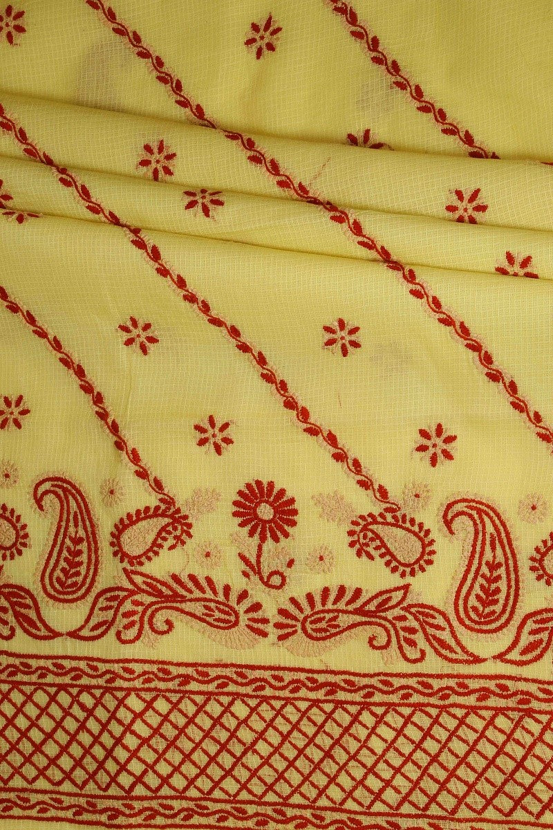 Ada Hand Embroidered Corn Yellow Kota Lucknowi Chikan Unstitched Kurta Piece - A460794