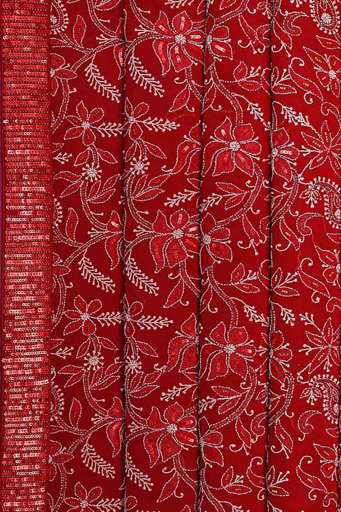 Ada Hand Embroidered Magenta/Red Pure Georgette Lucknowi Chikankari Saree/Blouse  With Pearl Work A4526