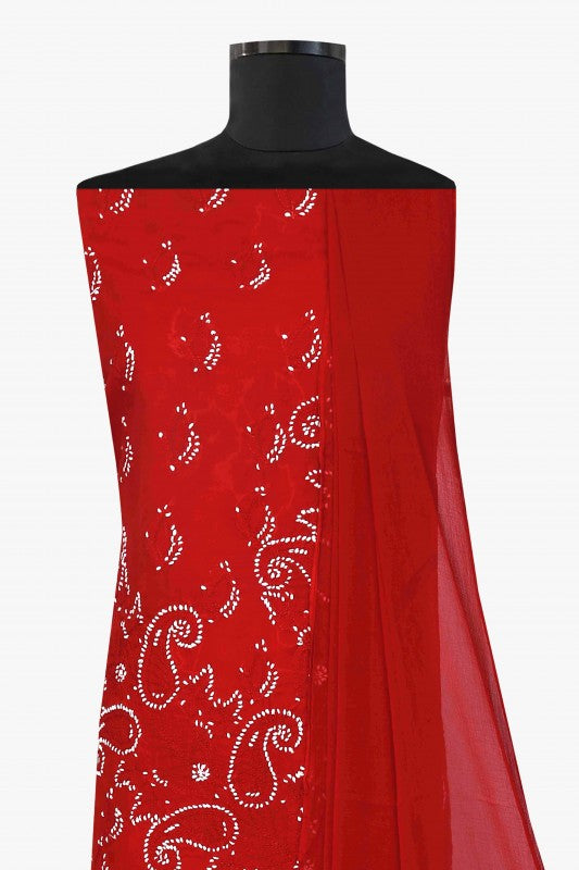 Ada Hand Embroidered Red Cotton Lucknowi Chikan Unstitched Suit Piece–A100155