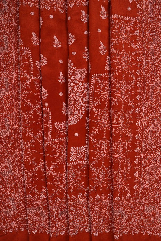 Ada Hand Embroidered Rust Silk Lucknowi Chikankari Saree/Blouse With Cutdana Work A173769