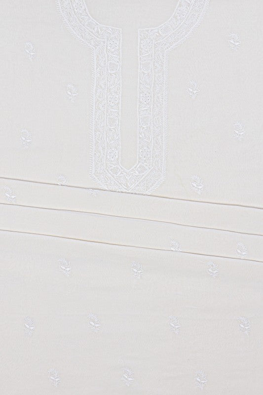 Ada Hand Embroidered White Pure Georgette Lucknowi Chikan Unstitched Kurta Piece A306203
