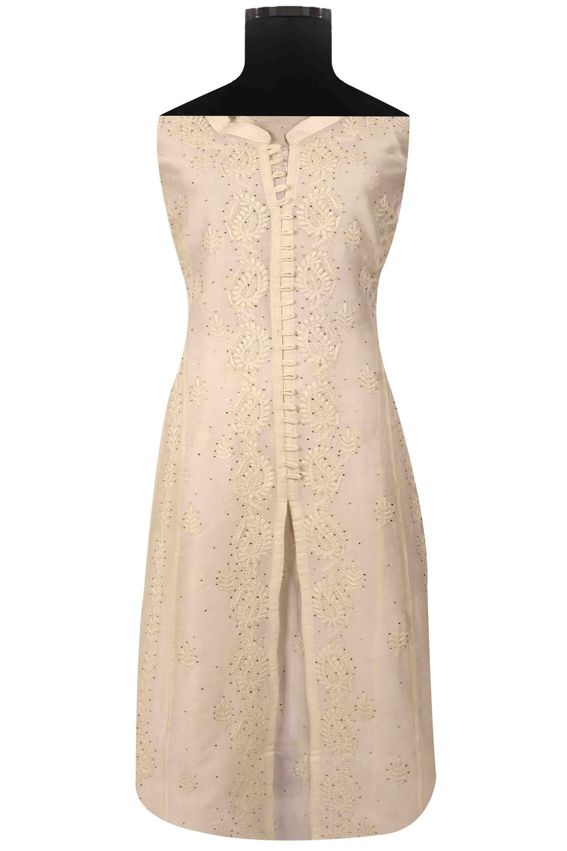 Ada Hand Embroidered White Chanderi Lucknowi Chikanakari Unstitched Kurta Piece With Muqaish Work A595344