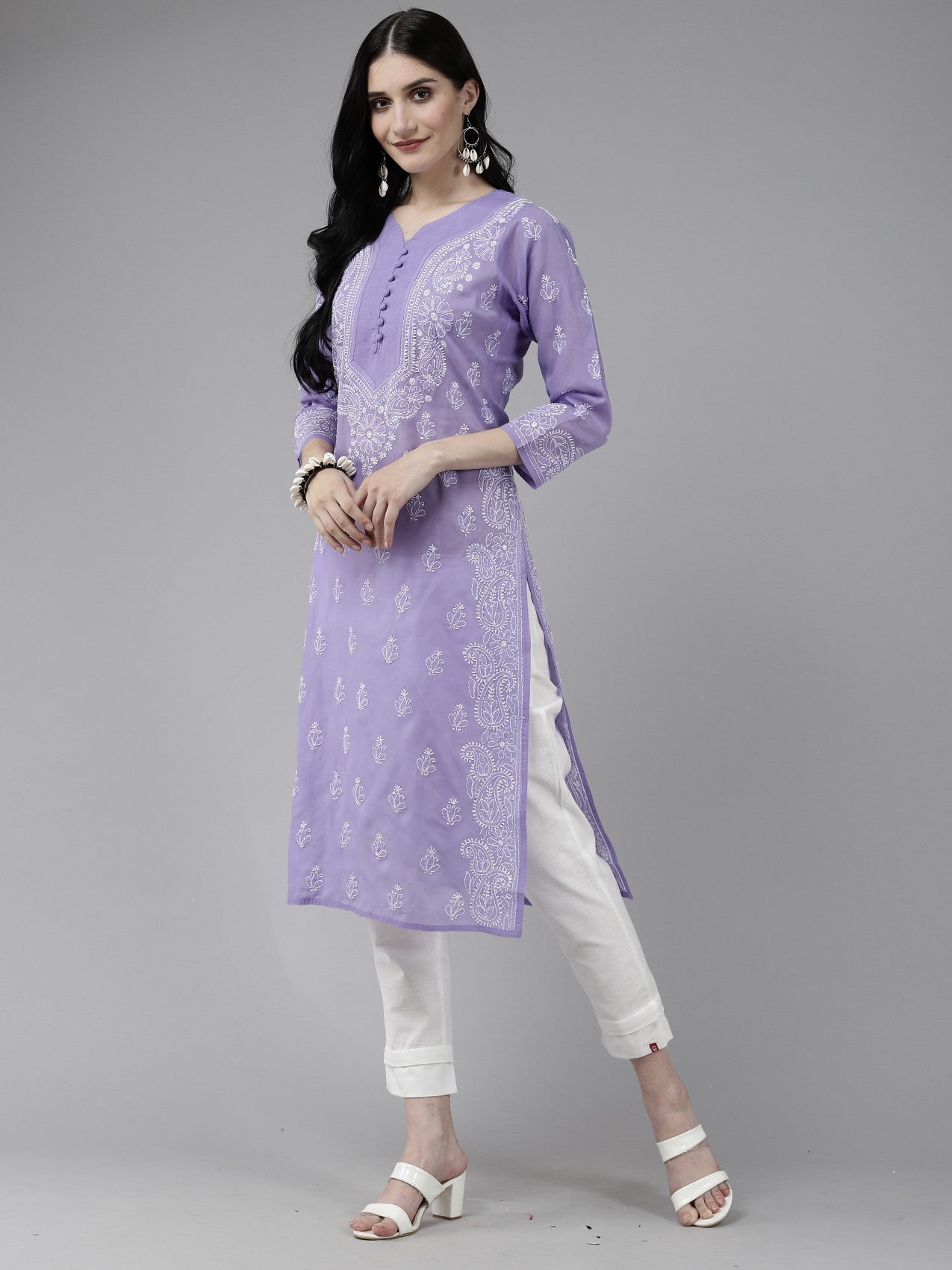 Ada Hand Embroidered Mauve Cotton Lucknowi Chikankari Straight Kurta A175579
