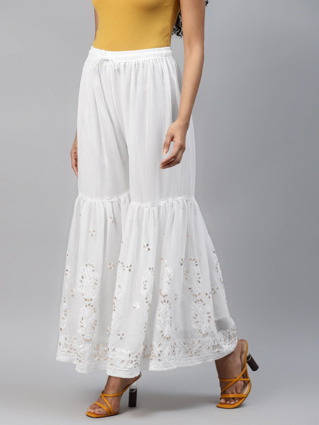 Ada Hand Embroidered White Georgette Lucknow Chikan Garara with Gota Patti Work A711136