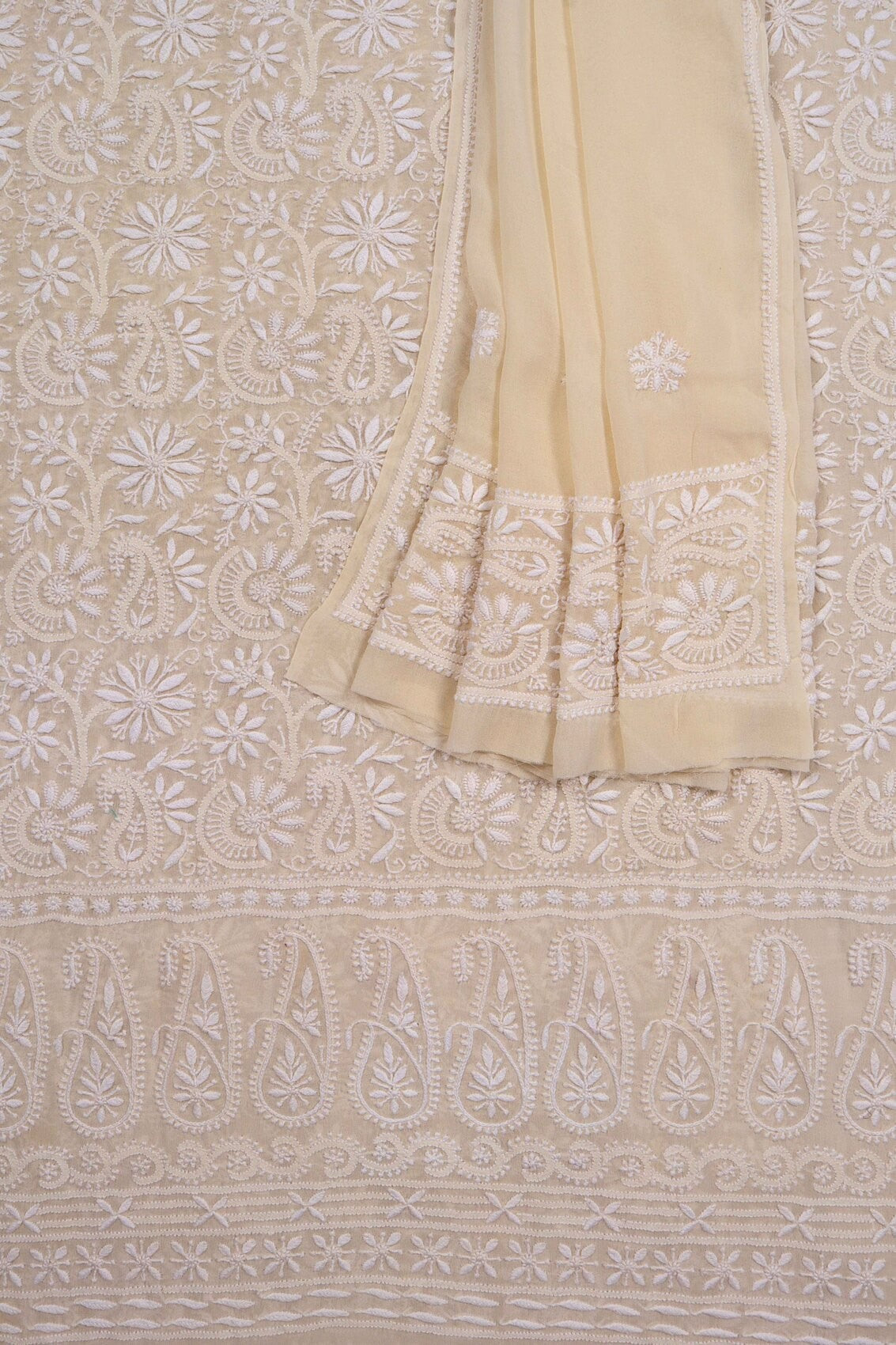 Ada Hand Embroidered Cream Pure Georgette Lucknowi Chikankari Unstitched Kurta Dupatta Set A70992