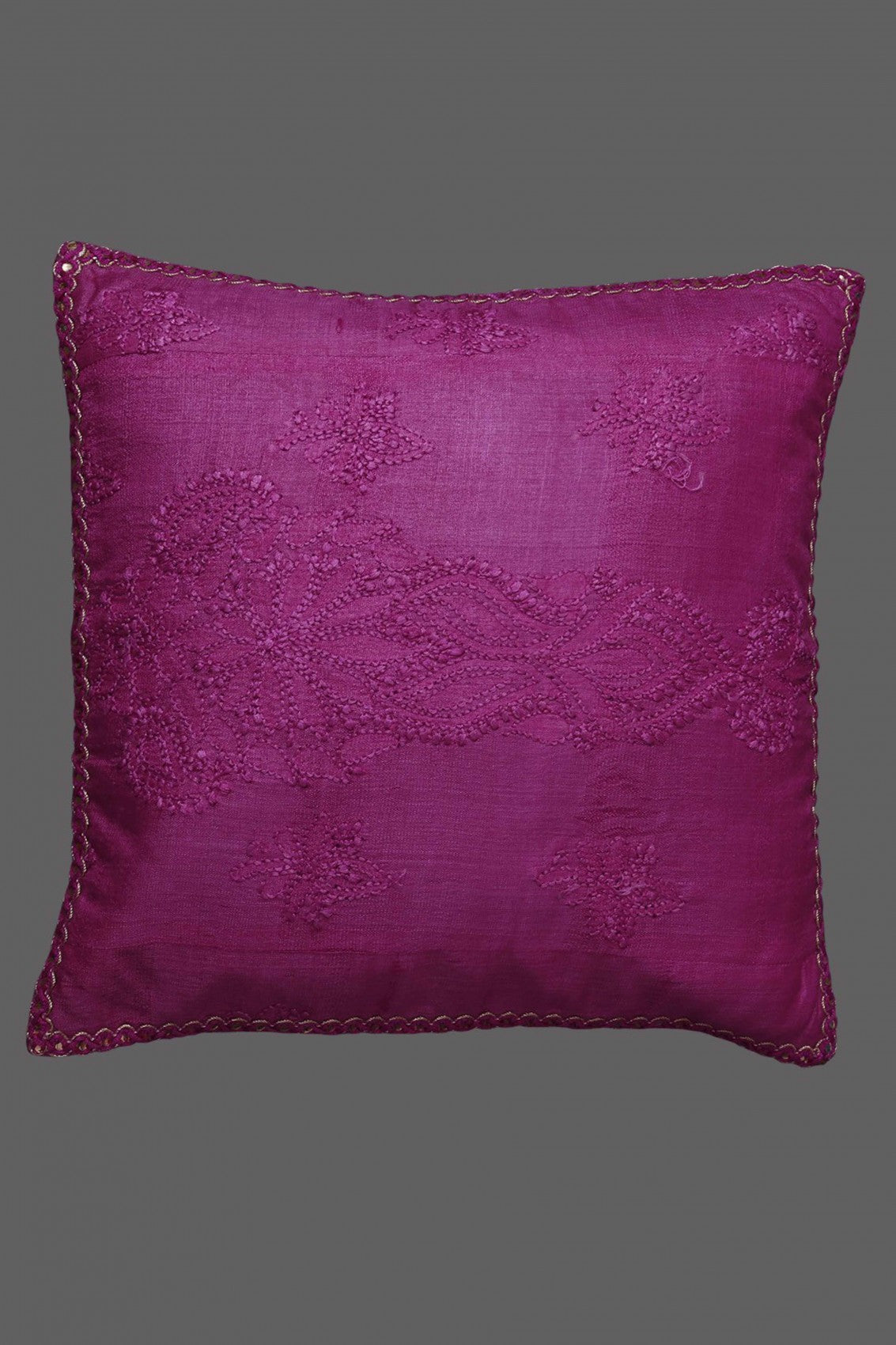 Ada Hand Embroidered Magenta Silk Lucknowi Chikankari Cushion Cover A628222