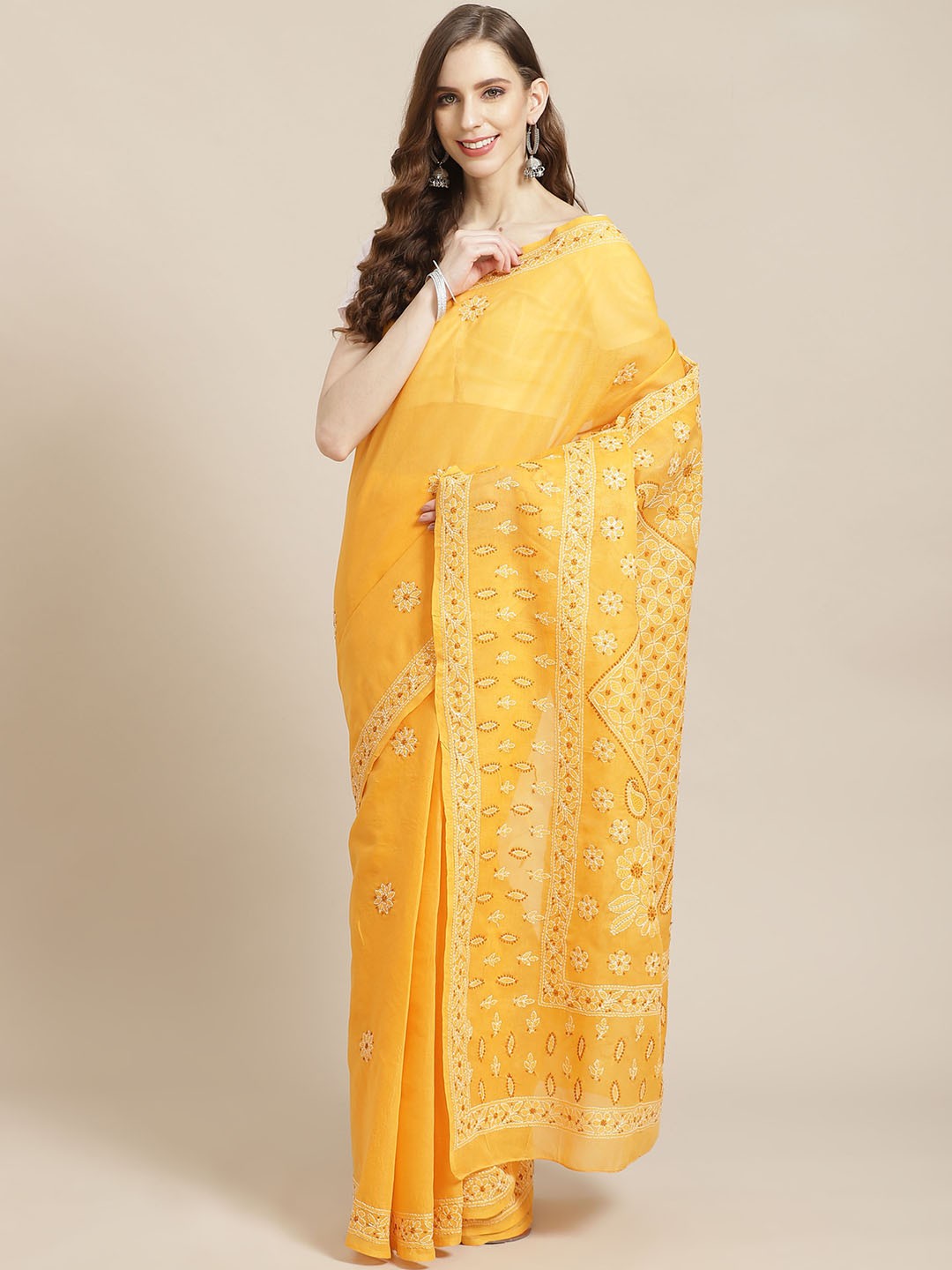 Ada Hand Embroidered Mustard Cotton Lucknow Chikan Saree With Blouse-A311217