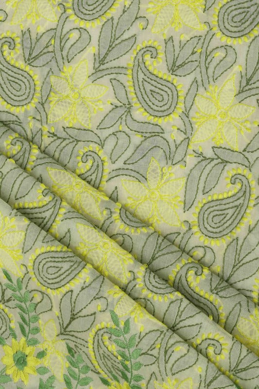 Ada Hand Embroidered Lemon Cotton Lucknowi Chikan Unstitched Suit Piece A100164