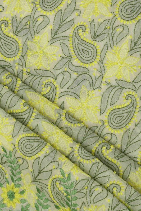 Ada Hand Embroidered Lemon Cotton Lucknowi Chikan Unstitched Suit Piece A100164