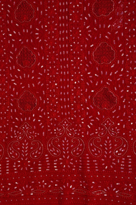 Ada Hand Embroidered Red Georgette Lucknowi Chikankari Unstitched Kurta Dupatta Set With Sequinned Work A508602
