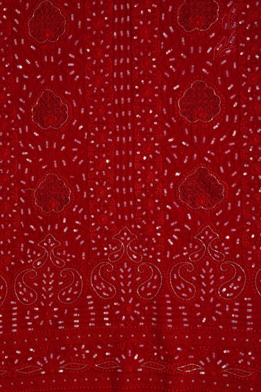 Ada Hand Embroidered Red Georgette Lucknowi Chikankari Unstitched Kurta Dupatta Set With Sequinned Work A508602