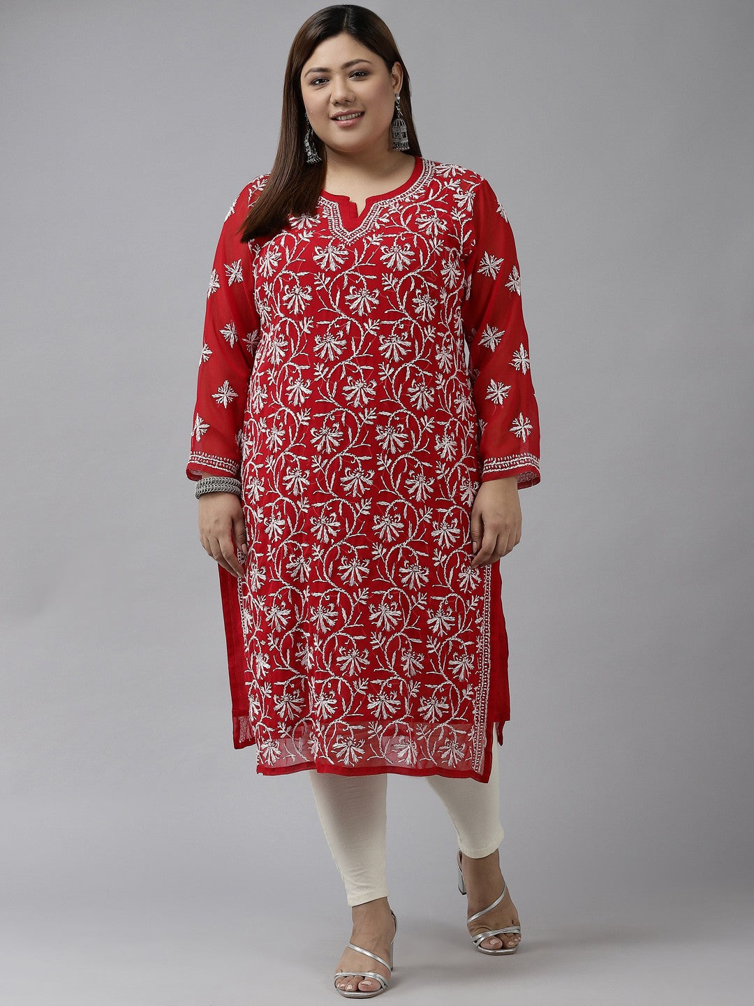 Ada Hand Embroidered Red Georgette Lucknowi Chikankari Straight Kurta with Slip A90361