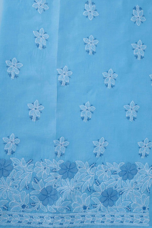 Ada Hand Embroidered Blue Cotton Lucknowi Chikan Unstitched Suit Piece-A100303