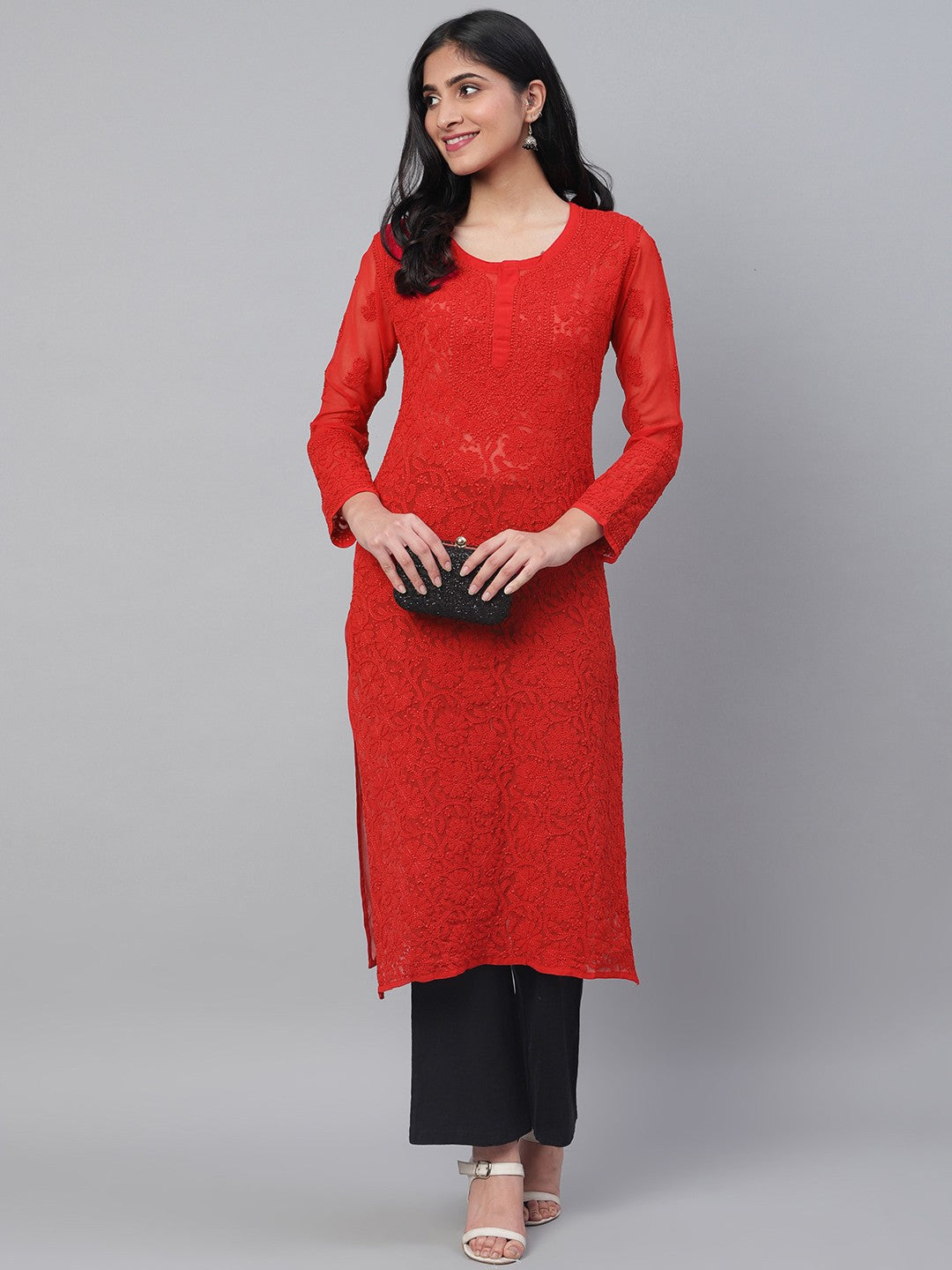 Ada Hand Embroidered Red Faux Georgette Lucknow Chikankari Straight Kurta A100591