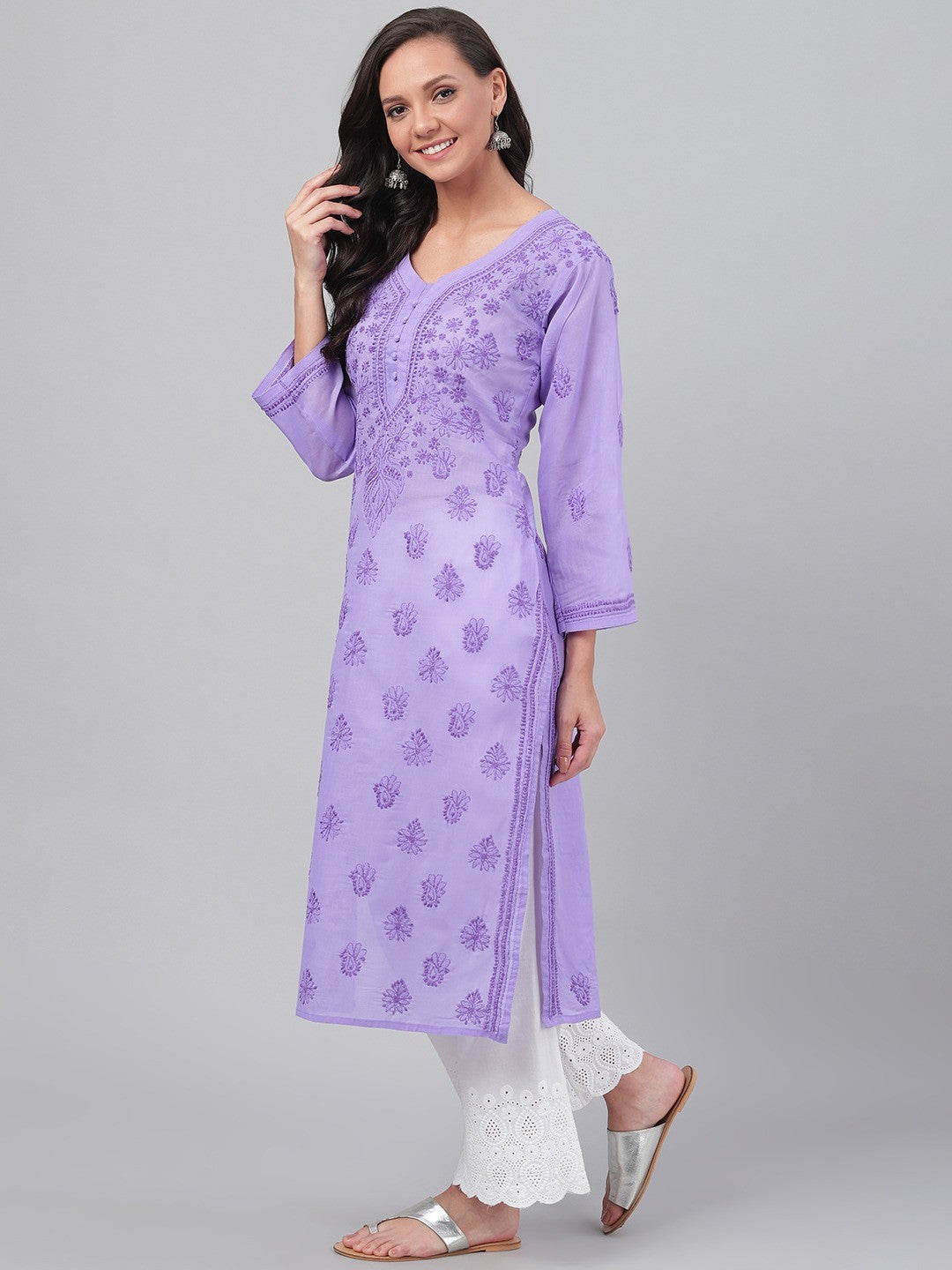 Ada Hand Embroidered Mauve Cotton Lucknowi Chikankari Straight Kurta A257262