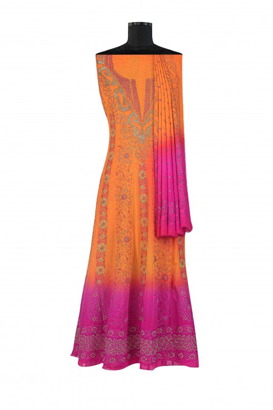 Ada Hand Embroidered Orange/Magenta Pure Georgette Semi-stitched Anarkali Kurta Dupatta Set With Muqaish Work A266362