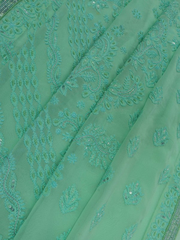 Ada Hand Embroidered Mint Green Georgette Lucknowi Chikankari Saree/Blouse With Pearl Work 01A138520