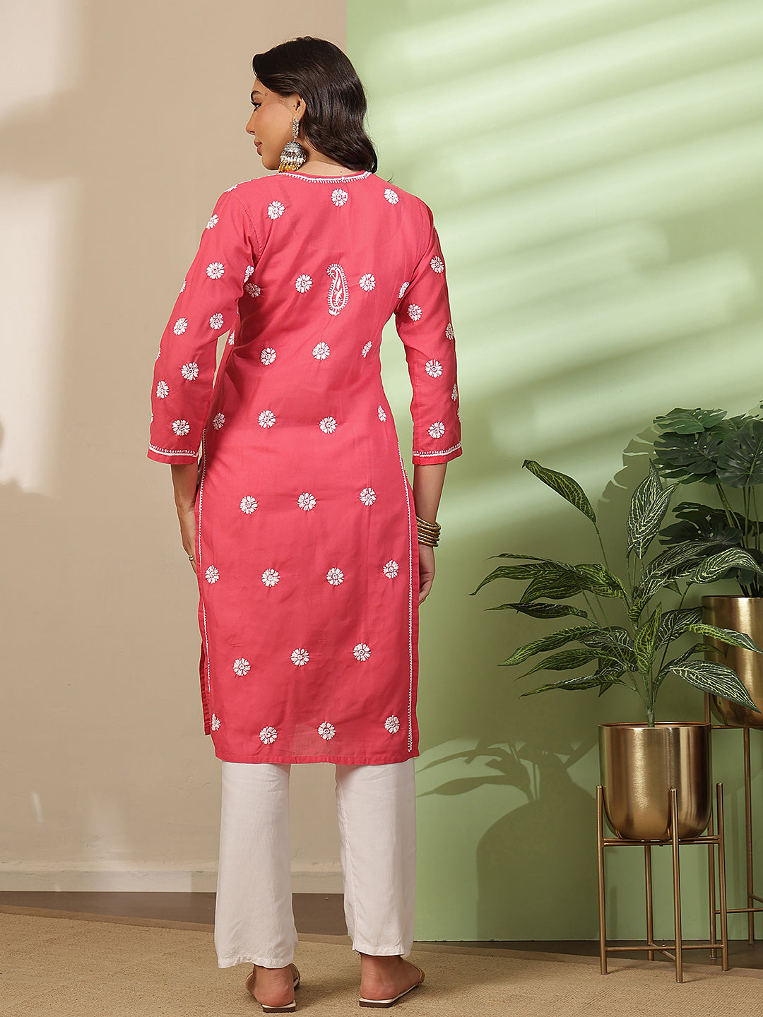 Ada Hand Embroidered Red Cotton Lucknowi Chikankari Straight Kurta A100294