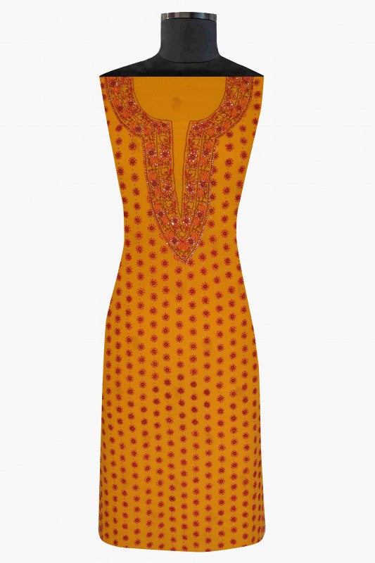 Ada Hand Embroidered Mustard Pure Georgette Lucknowi Chikan Unstitched Suit Piece with Muqaish Work A94468