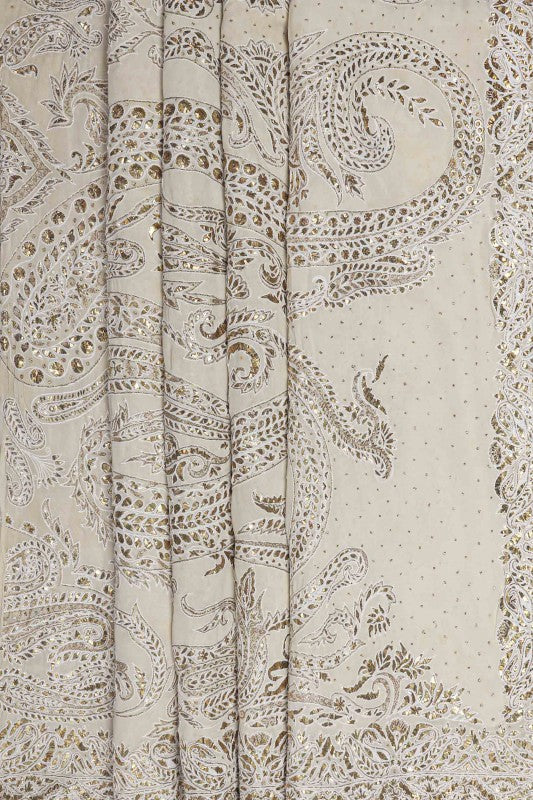 Ada Hand Embroidered Gardenia Cream Pure Georgette Lucknow Chikan Saree/Blouse With Muqaish Work A414332