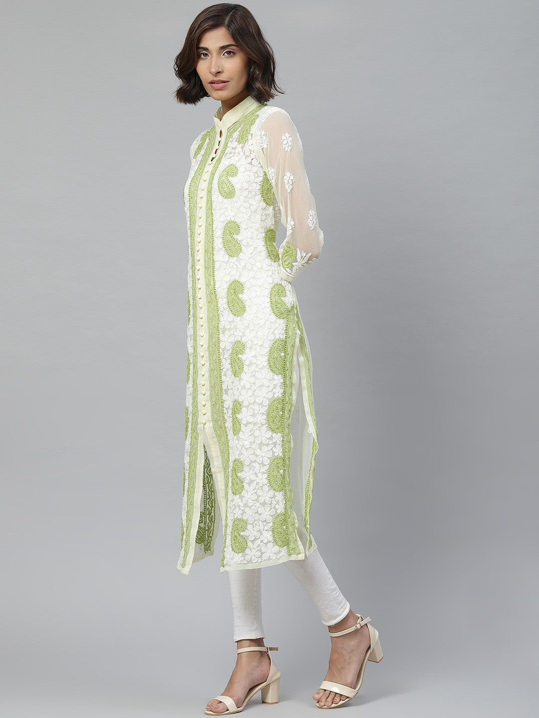 Ada Hand Embroidered Lemon Georgette Lucknowi Chikankari Straight Kurta A227215