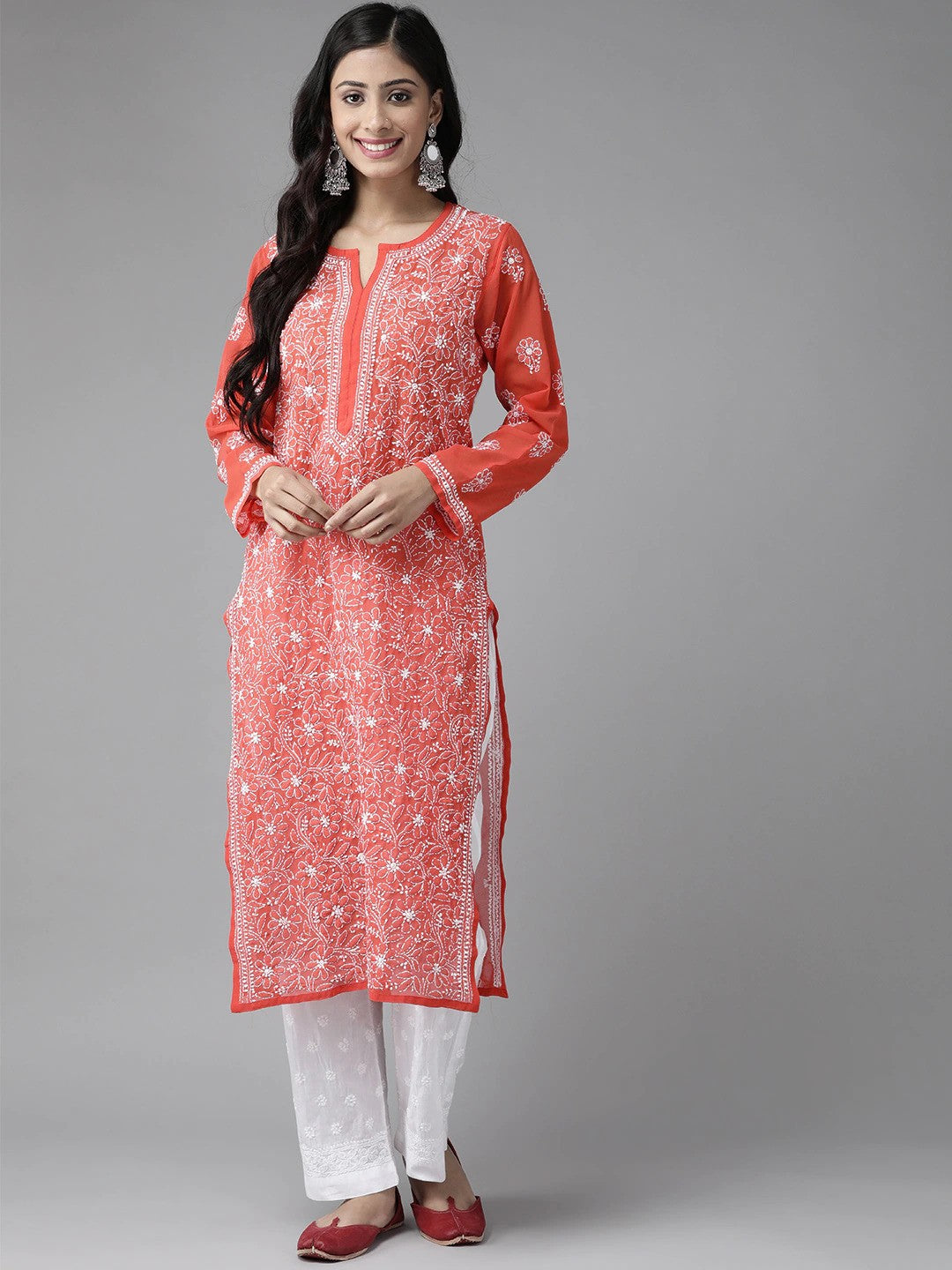 Ada Hand Embroidered Red Georgette Lucknowi Chikankari Kurta Set A811168