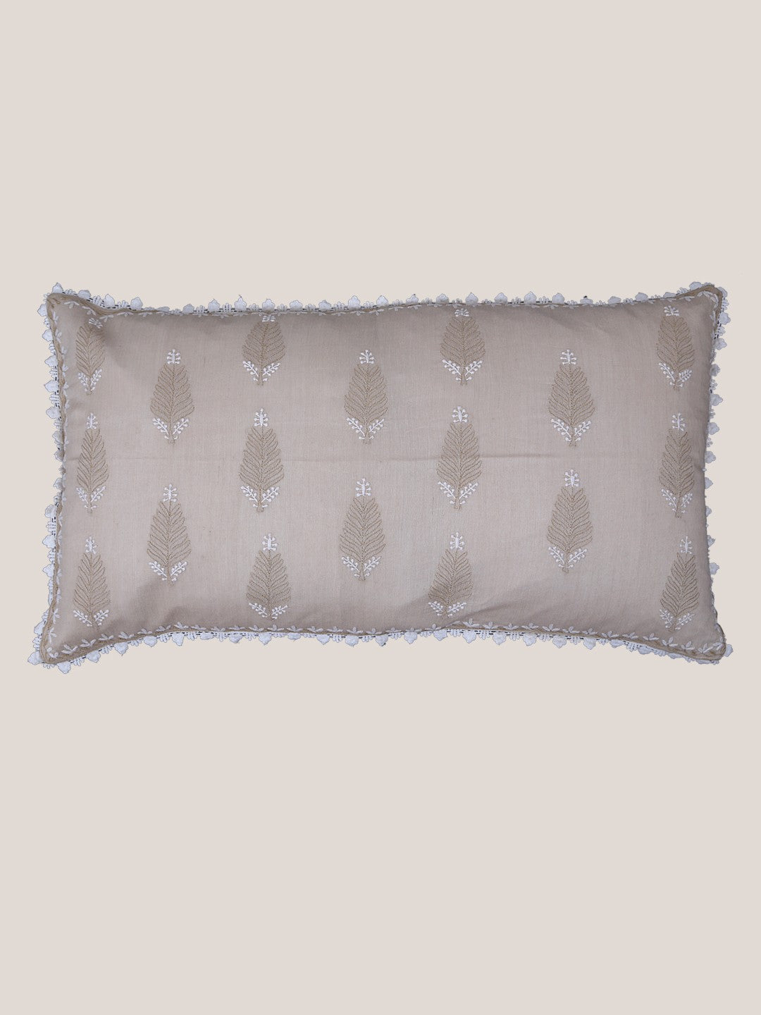 Ada Hand Embroidered Fawn Tusser Silk Lucknow Chikankari Pillow Cover - A507375