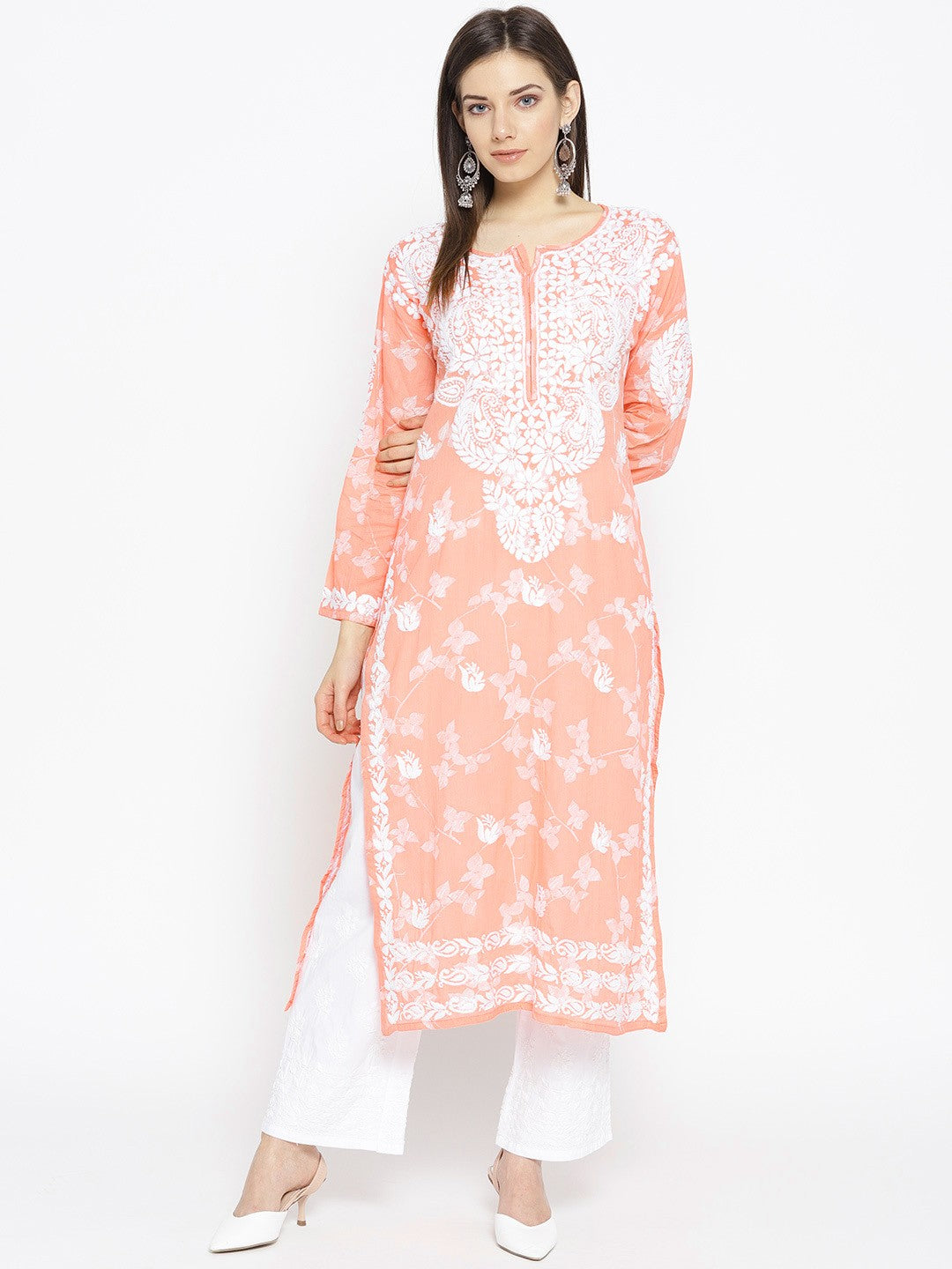 Ada Hand Embroidered Peach Cotton Lucknowi Chikankari Straight Kurta A100110