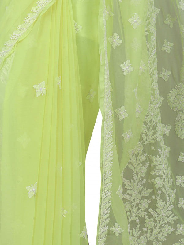 Ada Hand Embroidered Lemon Georgette Lucknowi Chikankari Saree With Blouse A599388