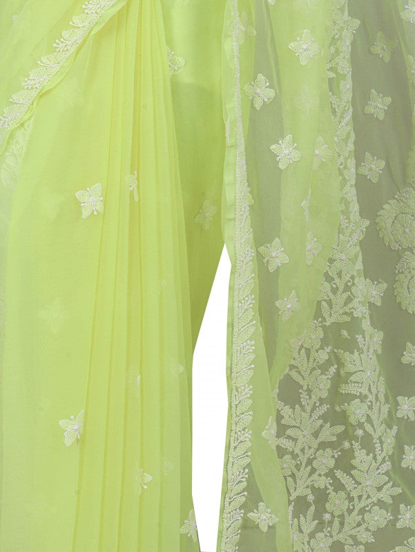 Ada Hand Embroidered Lemon Georgette Lucknowi Chikankari Saree With Blouse A599388