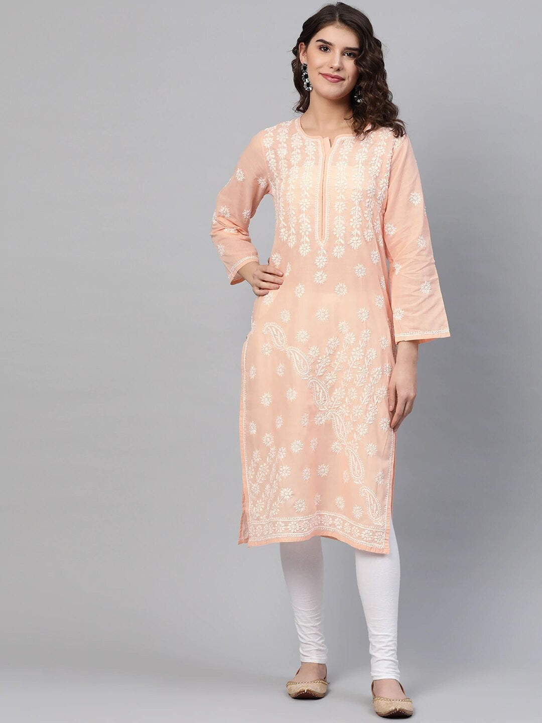 Ada Hand Embroidered Peach Cotton Lucknow Chikankari Straight  Kurta A208062