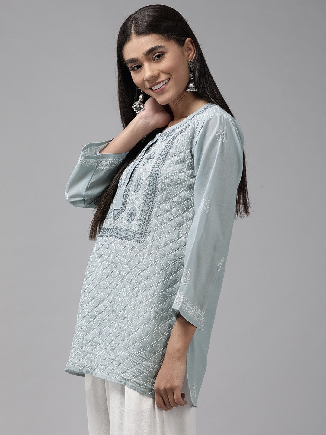 Ada Hand Embroidered Grey Cotton Lucknowi Chikankari Straight Kurti A911240