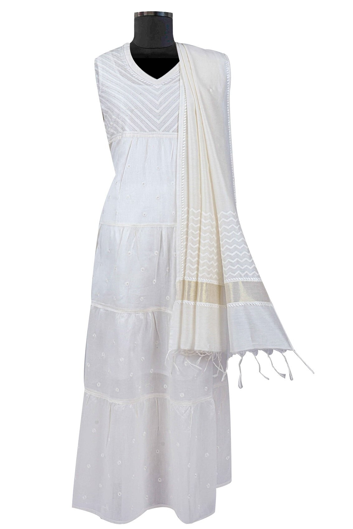Ada Hand Embroidered White Chanderi Lucknowi Chikankari Unstitched Kurta Dupatta Set With Zari Work A628809