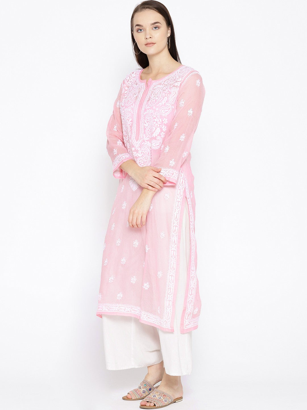 Ada Hand Embroidered Pink Kota Lucknowi Chikankari Straight Kurta With Slip A100118