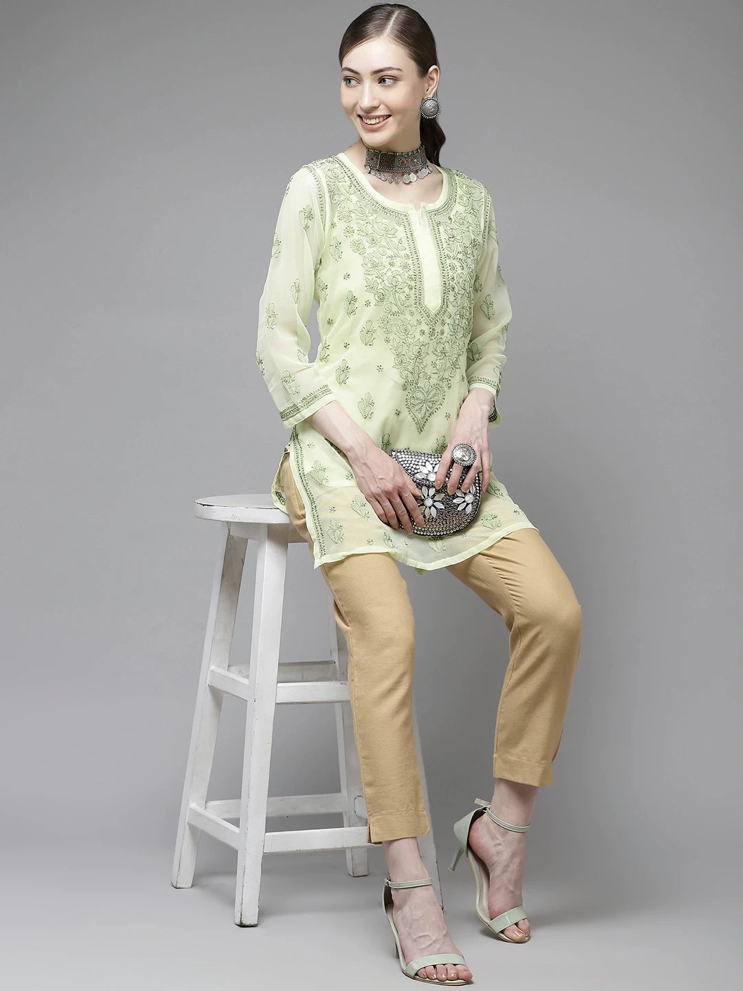Ada Hand Embroidered Lemon Georgette Lucknow Chikan Kurti With slip-A911137