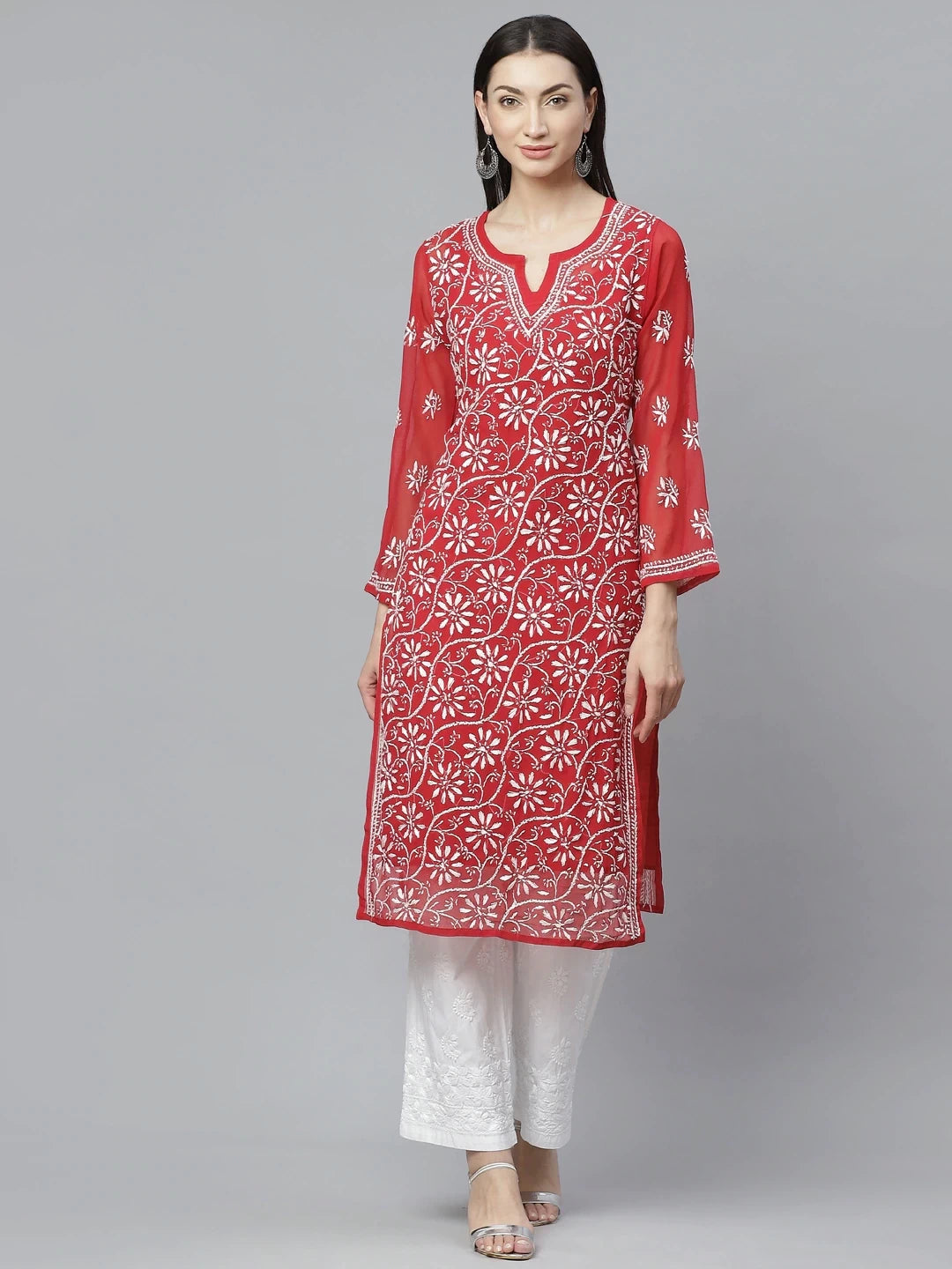 Ada Hand Embroidered Red Georgette Lucknowi Chikankari Straight Kurta/Palazzo Set With Slip A811143