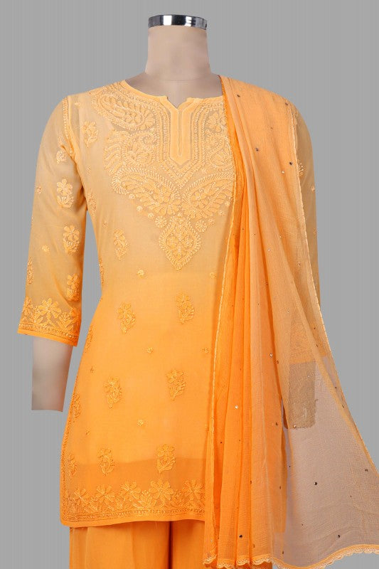 Ada Hand Embroidered Yellow Georgette Lucknowi Chikankari Kurta Dupatta With Plazo Set 01A119003