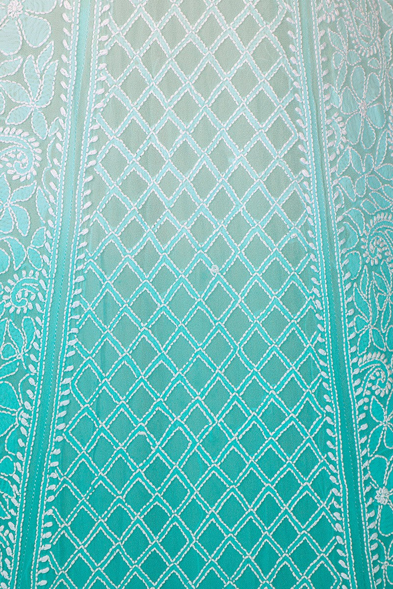 Ada Hand Embroidered Sea Green and White Shaded Pure Georgette Lucknowi Chikankari Lehenga Set A604118