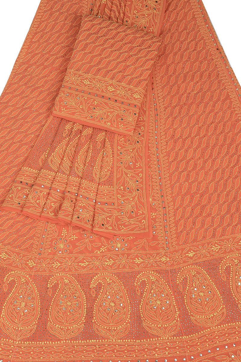 Ada Hand Embroidered Monarch Orange Pure Georgette Lucknowi Chikankari Lehenga Set With Muqaish Work– A600540