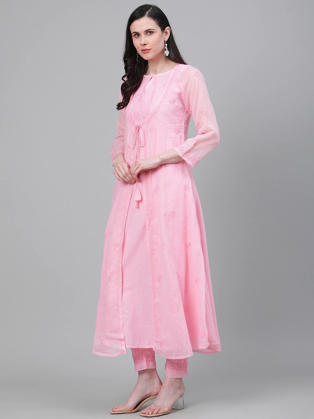 Ada Hand Embroidered Pink Kota Lucknow Chikankari Kurta with Trouser Set A811144