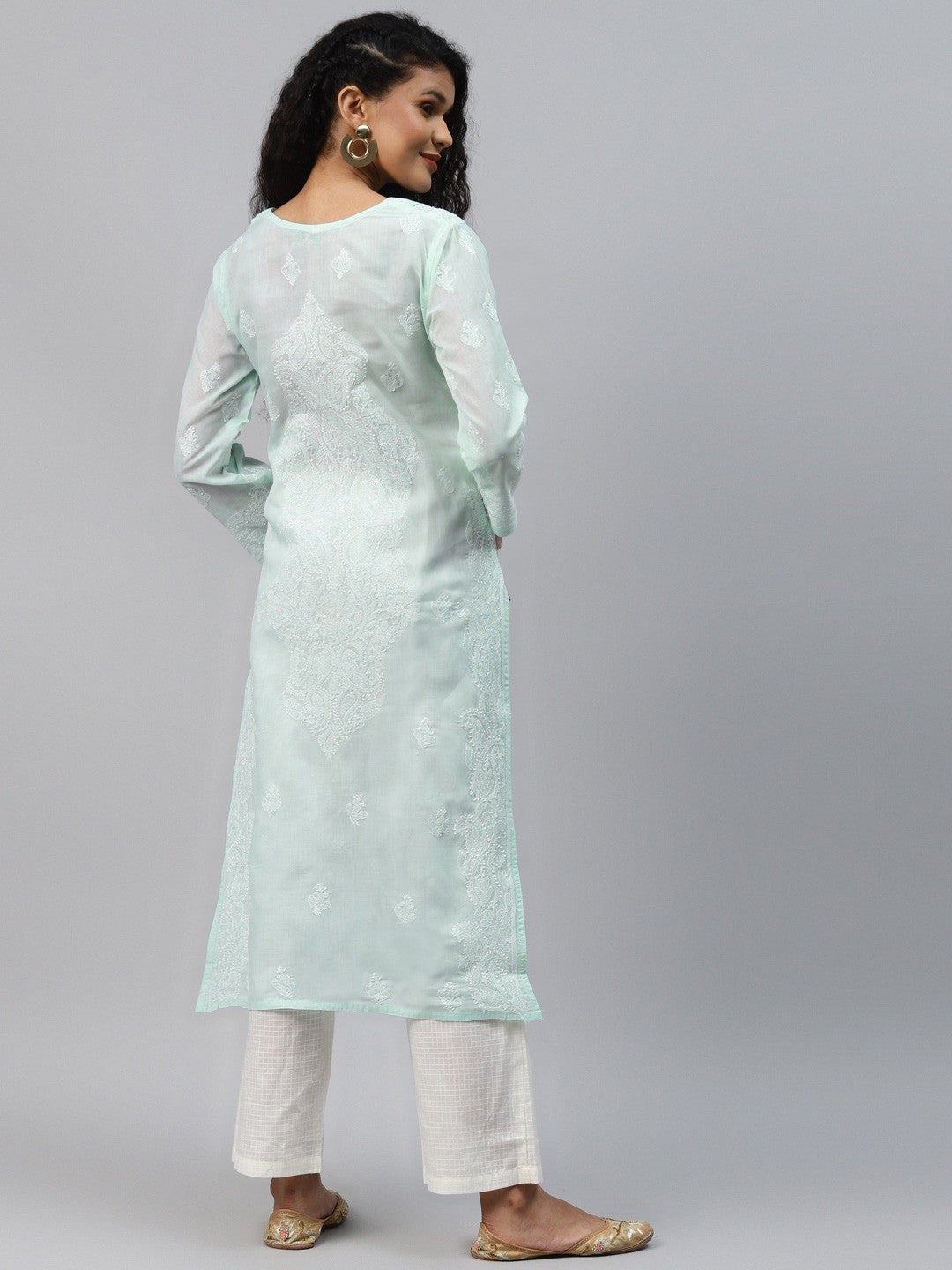 Ada Hand Embroidered Sea Green Cotton Lucknowi Chikankari Straight Kurta A236281