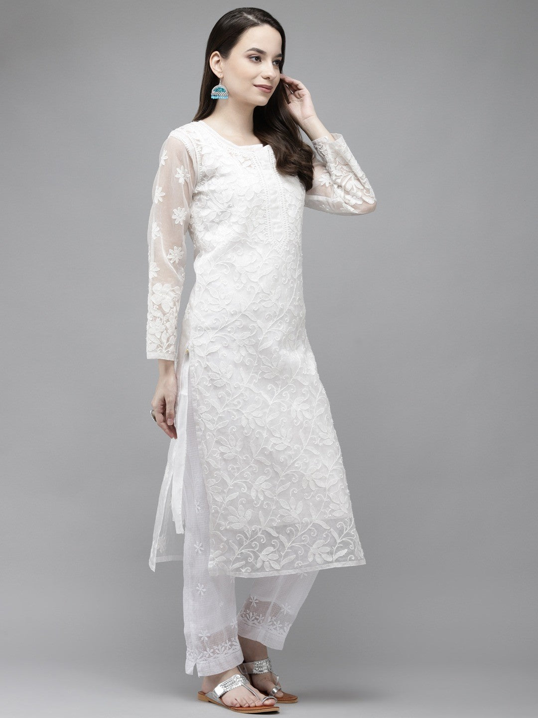 Ada Hand Embroidered White Organza Lucknowi Chikankari Straight Kurta With Slip A411302