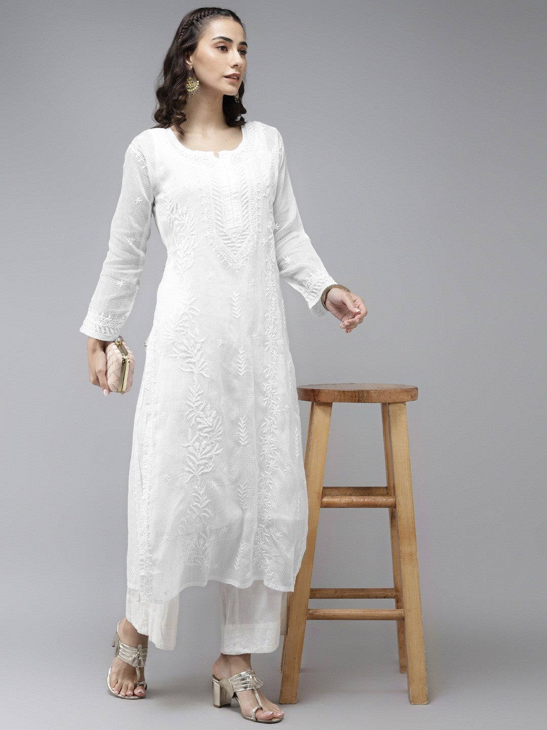Ada Hand Embroidered White Kota Lucknowi Chikankari Straight Kurta With Slip A411224